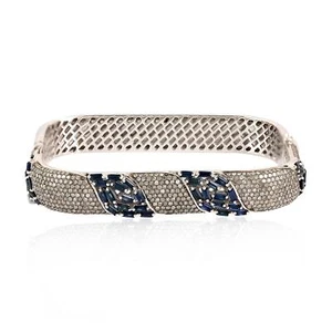 3.18ct Diamond Blue Sapphire Square Bangle Bracelet 925 Starling Silver - Picture 1 of 6