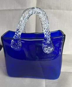 Hand Blown Bag Purse Colbalt Blue & Clear Glass Handled Figurine Vase Decoration - Picture 1 of 11
