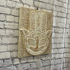 Hand Of Fatima Wooden Panel 40cm x 35cm Gold Cream Wall Art Plaque Handcarved - Picture 1 of 8