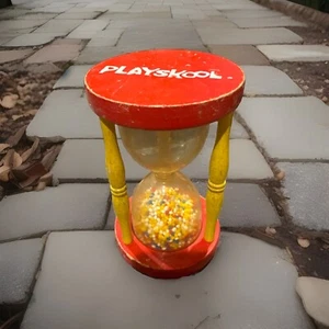 Vintage Playskool Tumble Beads Hourglass Red Yellow Wood Clear Plastic 1970s - Imagen 1 de 1