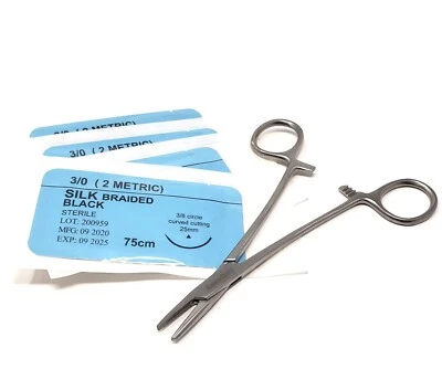 HTI 3/0 Silk Sterile Suture Thread 4Pcs with Needle Holder for Training Students