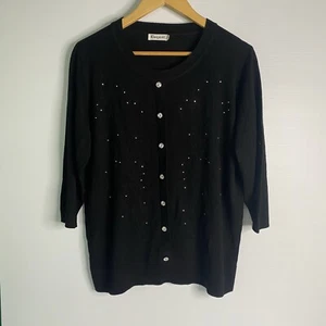 Vintage Elegant Top Women XL Black Knit 3/4 Sleeve Cotton Wool Sparkly Beads - Picture 1 of 16