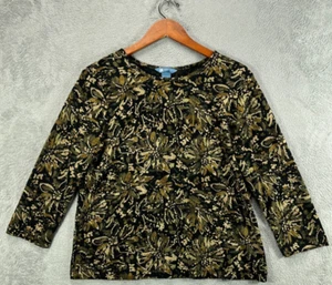 VG KORET Womens Small Tops Black Green Floral Shirt Blouse Half Sleeve Stretch - Picture 1 of 9