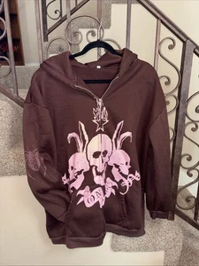 RARE…Y2K Brown Skull Unisex Hoodie Hoodie Size XL Full Zip Rhinestone - Picture 1 of 7