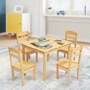 Kids 5 Piece Table Chair Set Pine Wood Children Play Room Furniture Natural - Picture 1 of 10