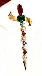 Vintage Coro Sterling Silver/ Gold Vermeil Sword Pin Brooch Rhinestones Pearls - Picture 1 of 4