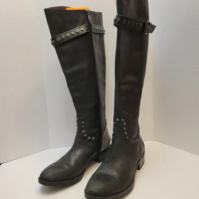 Sam Edelman Paxton 2 皮革骑行靴黑色女式 6 码铆钉宽小腿 — 第 1/4 张图片