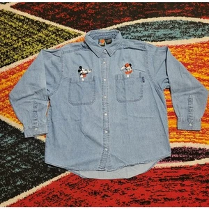 Vintage Mickey & Minnie Mouse Chambray Embroidered Button Up Long Sleeve Size L - Picture 1 of 7