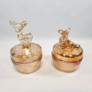 Jeanette Marigold Carnival Glass Deer Fawn & Dog Powder Bowl - Picture 1 of 6