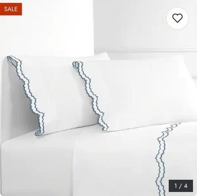 NEW Melange Home Percale Double Scalloped Embroidered Queen Sheet Set Navy NEW - Image 1 of 4