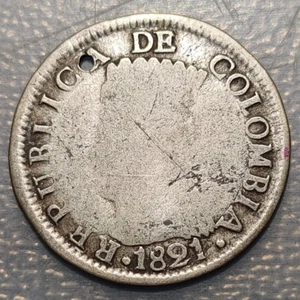 COLOMBIA CUNDINAMARCA 2 REALES 1821 Ba JF HOLED - Picture 1 of 2