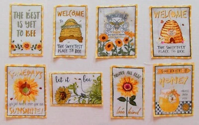 Cotton Fabric  - Honey Bee Themed Squares - Listing is for 1 Set  =  8 Squares - Image 1 of 3
