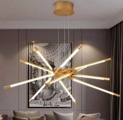 12-Light Fixture LED Chandelier Gold Flush Mount Linear Art Deco Dining Kitchen - Image 1 of 4