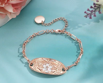 Brazalete de identificación de alerta médica personalizado de oro rosa para mujer con contacto de emergencia Foto 1 de 4