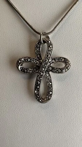 Cross Loop Rhinestones Black Silver Tone 18” - Picture 1 of 10
