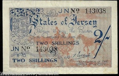 JERSEY GERMANY 2 SHILLINGS P3A 1942 WWII GERMAN OCC EURO LION AUNC RARE GB NOTE - Image 1 of 2