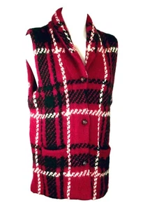 Eddie Bauer Red, Black, White Plaid Sweater Vest w/ Leather Buttons - Petite S/P - Picture 1 of 6