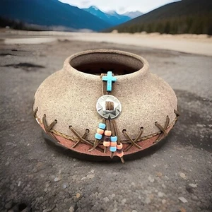 HANDMADE Southwestern Style Pottery Unsigned Woven RAWHIDE Cord Faux Turquoise - Picture 1 of 14