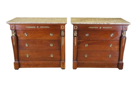 2 Harden French Empire Egyptian Revival Cherry Marble Nightstands Commodes Chest Cover