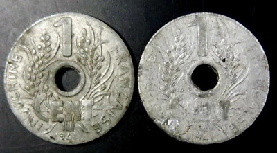 French Indochina 1941, 1 Cent Zinc Coin, 11 Petals KM 24.3 Lot of 2 Coins - Image 1 of 2