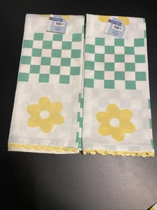 LOT of 2 Kitchen Tea Towels Retro VTG Style Green Checkerboard Yellow Flower Set - Picture 1 of 12