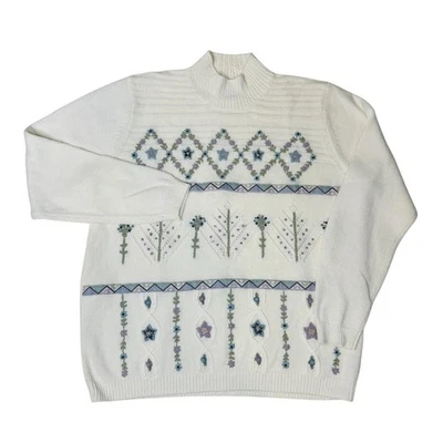Suéter Floral Alfred Dunner Para Mujer L Blanco Cuello Simulado Bordado Grannycore Foto 1 de 4
