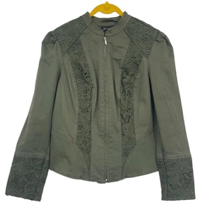 INC INTERNATIONAL CONCEPTS Lace Military Jacket Green Puff Sleeve Zip Womens L - Picture 1 of 12