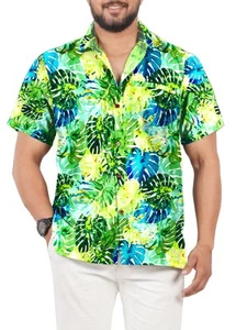 HAPPY BAY Men's Hawaiian Short Sleeve Button Down Shirts M Green, Leaves - Picture 1 of 3