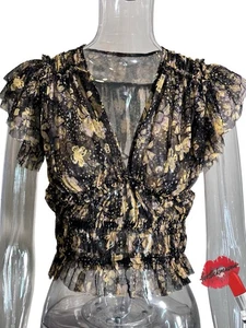 Free People Making Me Smile Top Small Black Floral Pleated Mesh Cropped V Neck - Picture 1 of 15