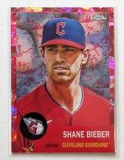 2022 Topps Chrome Platinum Shane Bieber Toile Cream/Fuchsia Atomic /100 #189