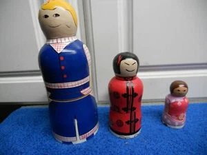 Wooden Nesting Girl Lovely  CUTE 3 pc set Different Nationalities - Picture 1 of 2