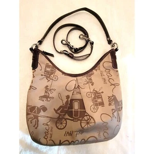 Coach Crossbody Bag W/ Horse & Carriage Print Duo Straps Brown & Beige Fabric - Picture 1 of 15