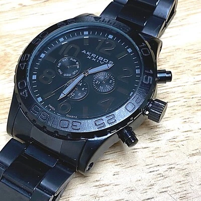 Akribos Mens Black Rotating Bezel Swiss Analog Quartz Watch~Day Date~New Battery - Image 1 of 4