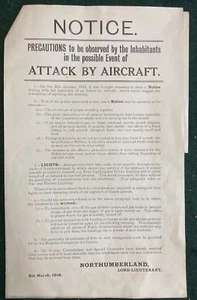 1916 RARE - WWI ATTACK by AIRCRAFT Notice, Northumberland & Special Constables - Picture 1 of 2
