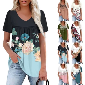 Women's Casual V-Neck Short Sleeve Chest Ruffle Printed Top - Picture 1 of 36