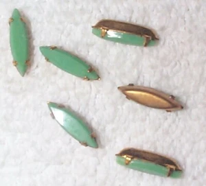 VINTAGE LIGHT JADE GREEN GLASS SKINNY MARQUISE JEWELS IN BRASS SETTINGS 12 PCS - Picture 1 of 1