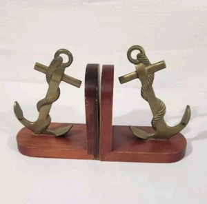 Brass Anchor Wood Bookends Nautical Threshold Beach Home Decor Cottagecore - Picture 1 of 9