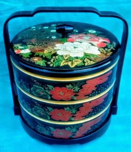 Vintage Chinese Japanese Lacquer Bento Box Three Tier Stacking Box With Stand - Picture 1 of 4