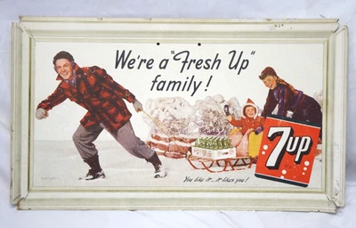 Vintage 1949 7-Up We're a Fresh Up Family Snow Scene Litho Cardboard Sign 23x13 - Image 1 of 4
