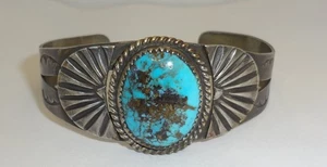 Vintage Navajo Sterling Silver & Turquoise Cuff Bracelet w/ Applique Signed JB - Picture 1 of 10