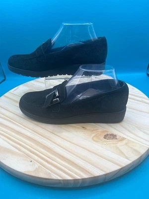 Stuart Weitzman Wedge Loafers Flats Women's Sz 8M Black Buckle Leather Slip On - Image 1 of 4