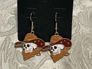 Cowboy Hat Skull Country Western Charm Gold Loop Dangle Fashion Fun Earrings - Picture 1 of 2