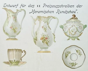 Antique COFFEE POT SET Art Nouveau FLORAL Color Print GERMANY Ceramic Review 17” - Picture 1 of 17