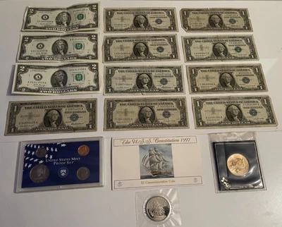 U.S. $1 silver certificate & $2 bill & 1999 coin proof set & 1997 uss $5 lot - Image 1 of 4