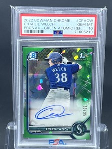 2022 Bowman Chrome Green Atomic Refractor Auto #/99 Charlie Welch PSA 10 Pop 8