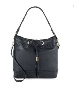 MILLY Astor Whipstitch Leather Shoulder Hobo Bag Crossbody Black With Dust bag - Picture 1 of 13