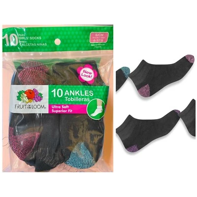 Calcetines tobilleros Fruit of Loom 10 pares niñas niños negros talla pequeña 6-10 1/2 Foto 1 de 4