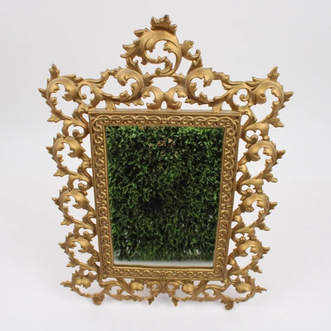 Antique 16" Victorian Ornate Rococo Cast Gold Gilt Metal table top mirror JM32 Cover
