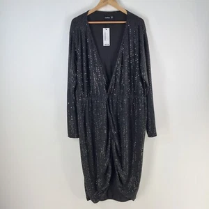 NEW Boohoo dress womens 24 plus sequin wrap plunge midi black 106917 - Picture 1 of 10