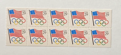 Scott #2528a "Flag & Olympic Rings" 29c 1991 Booklet Pane of 10 - Free Shipping - Image 1 of 2